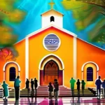 A vibrant, colorful image of an Iglesia Nueva Vida church with people worshipping inside. - Iglesia Nueva Vida Teachings