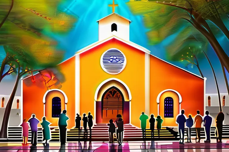 A vibrant, colorful image of an Iglesia Nueva Vida church with people worshipping inside. - Iglesia Nueva Vida Teachings