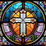 A stained glass window depicting symbols from various Christian denominations. - Christianity Teachings