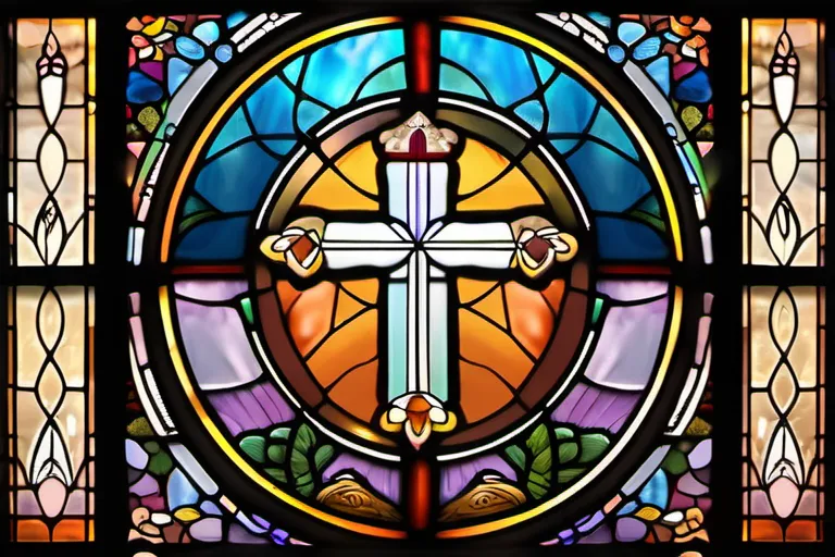 A stained glass window depicting symbols from various Christian denominations. - Christianity Teachings