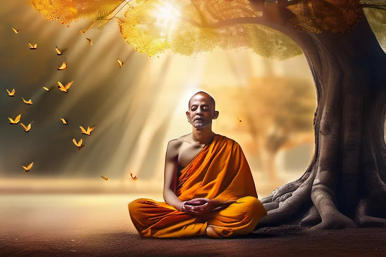 A serene image of a Jain monk meditating under a tree, symbolizing peace, wisdom, and spiritual growth. - Jain Philosophy