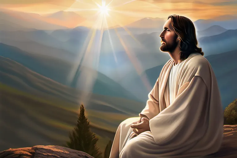 A serene image of Jesus Christ with a backdrop of mountains, symbolizing His teachings as a beacon of light in the lives of Mormons. - Mormon Jesus Teachings