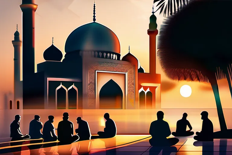 A serene mosque at sunset with a diverse group of people praying together. - Islam Teachings