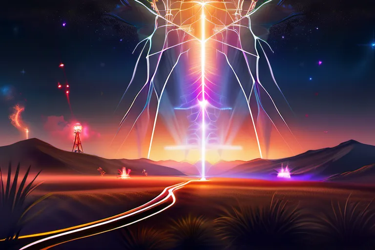 A serene image of a cosmic landscape with Tesla coils subtly integrated, symbolizing Tesla's connection to both technology and the universe. - Nikola Tesla Spirituality