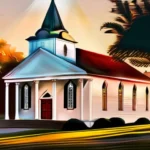 A colonial-era church with a vibrant, diverse congregation standing outside, symbolizing the blending of religious beliefs in the southern colonies. - southern colonies religion