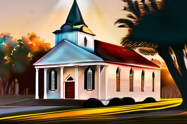 A colonial-era church with a vibrant, diverse congregation standing outside, symbolizing the blending of religious beliefs in the southern colonies. - southern colonies religion