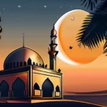 A beautiful mosque at sunset with a crescent moon in the sky. - Sunni Muslim Beliefs