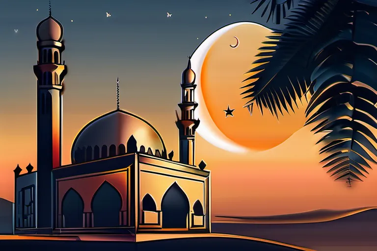 A beautiful mosque at sunset with a crescent moon in the sky. - Sunni Muslim Beliefs