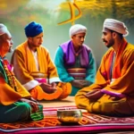 A vibrant image depicting a Yarsan ceremony with colorful costumes, traditional music, and participants in prayer. - Yarsanism