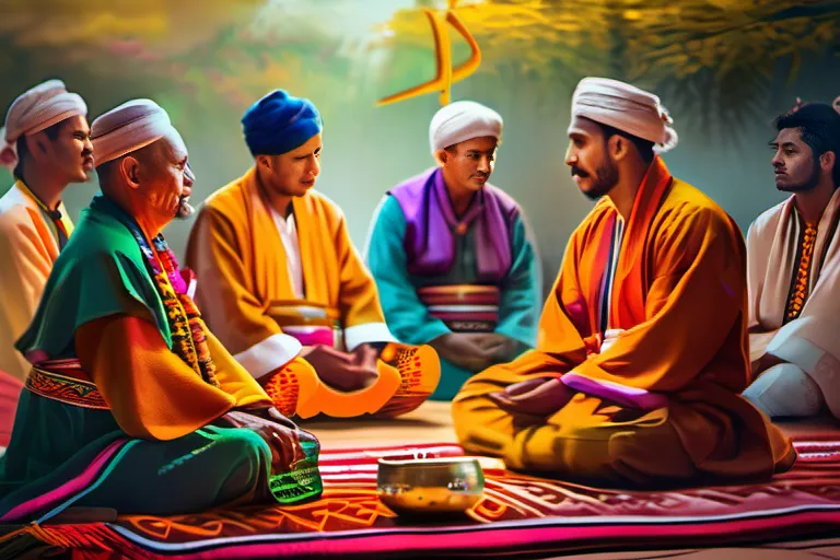 A vibrant image depicting a Yarsan ceremony with colorful costumes, traditional music, and participants in prayer. - Yarsanism