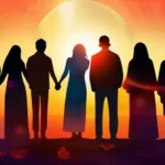 A diverse group of people standing together, symbolizing unity and equality, with a backdrop of a sunrise or sunset representing the dawn of a new age in the Baha'i Faith. - Baha'i Faith, Unity, Equality, Service