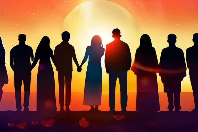 A diverse group of people standing together, symbolizing unity and equality, with a backdrop of a sunrise or sunset representing the dawn of a new age in the Baha'i Faith. - Baha'i Faith, Unity, Equality, Service