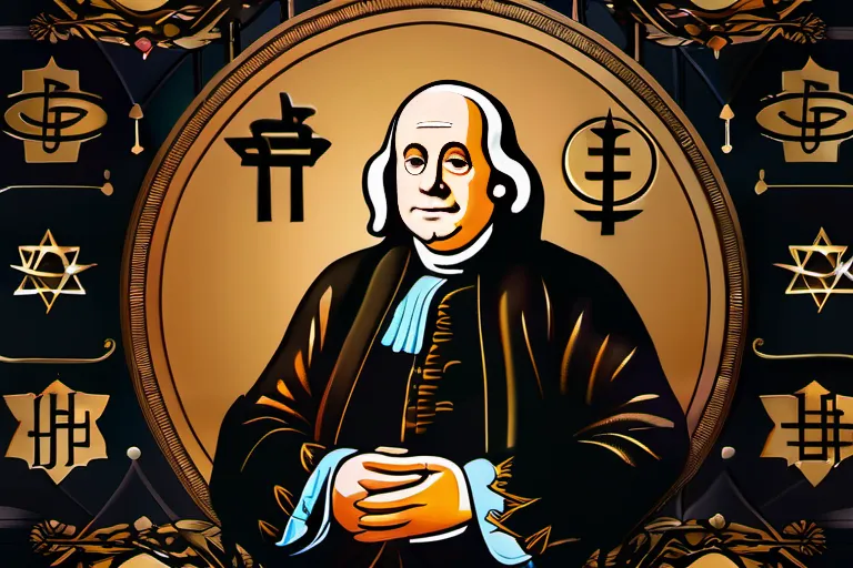 An image depicting a contemplative Benjamin Franklin, surrounded by symbols of various religions. - Benjamin Franklin Religion