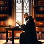 A medieval monk studying in a well-lit library, surrounded by books and scrolls. - Christian Humanism