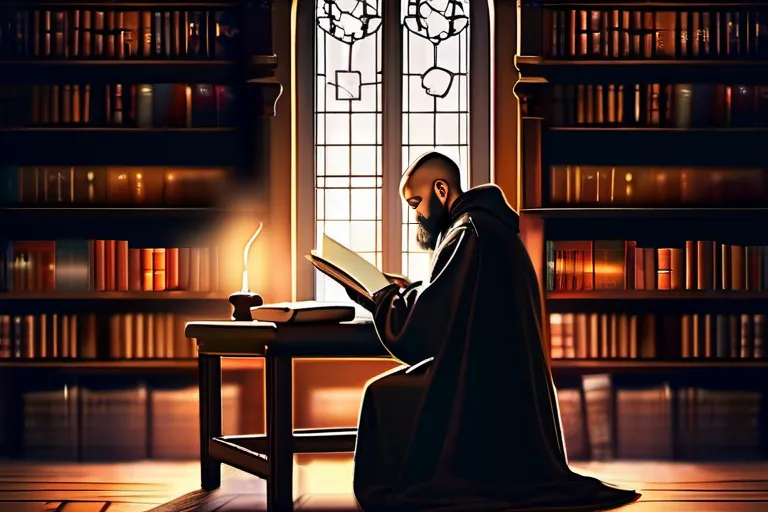 A medieval monk studying in a well-lit library, surrounded by books and scrolls. - Christian Humanism