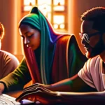 A vibrant, diverse group of people gathered around a computer screen, discussing various aspects of Christianity on Reddit. - Christianity Reddit