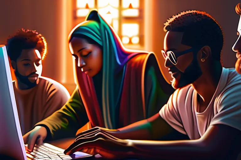 A vibrant, diverse group of people gathered around a computer screen, discussing various aspects of Christianity on Reddit. - Christianity Reddit