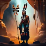 An image depicting a shaman in traditional garb standing before a cave adorned with animal skulls and totem poles. - ancient religions