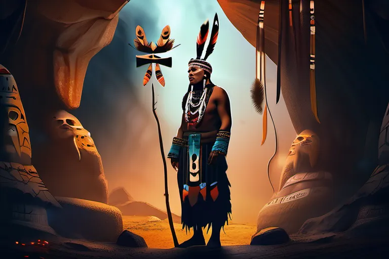 An image depicting a shaman in traditional garb standing before a cave adorned with animal skulls and totem poles. - ancient religions