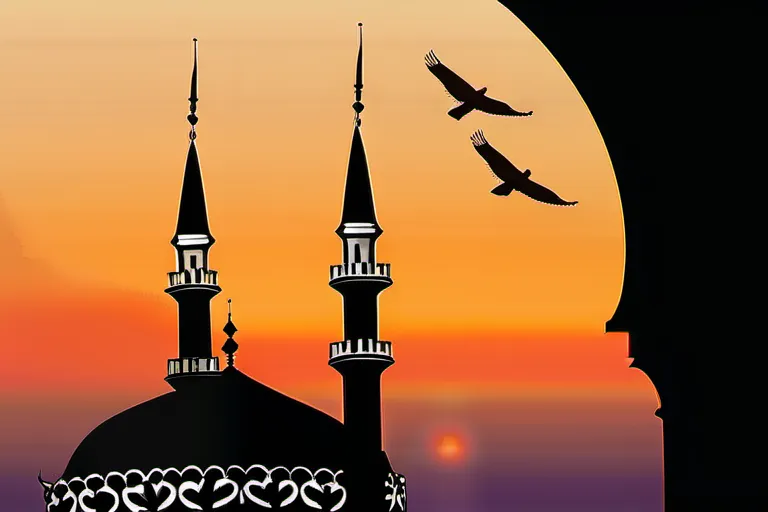 A serene mosque at sunset with the silhouette of a minaret and the words 'Islam: A Journey Through Faith' superimposed on it. - Islam, Religion, Best, Faith