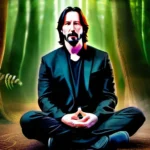 A serene image of Keanu Reeves meditating in a forest, symbolizing his deep connection with spirituality. - Keanu Reeves Religion