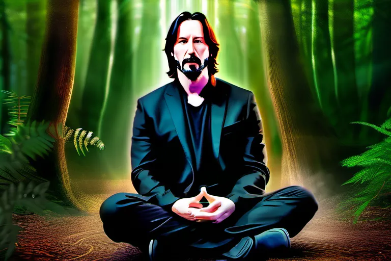 A serene image of Keanu Reeves meditating in a forest, symbolizing his deep connection with spirituality. - Keanu Reeves Religion