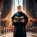 A monk holding a Bible in a church setting, symbolizing Martin Luther's role as a reformer. - Martin Luther, Protestant Reformation, Religious Concepts