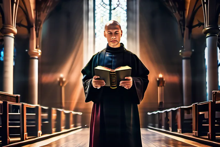 A monk holding a Bible in a church setting, symbolizing Martin Luther's role as a reformer. - Martin Luther, Protestant Reformation, Religious Concepts