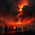 A dark, ominous image depicting a fiery landscape with figures in distress, symbolizing the concept of Muslim hell. - Muslim Hell