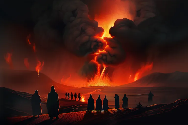 A dark, ominous image depicting a fiery landscape with figures in distress, symbolizing the concept of Muslim hell. - Muslim Hell