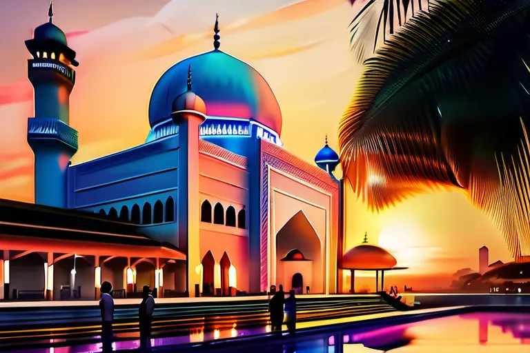 A vibrant mosque at sunset in Singapore with a diverse crowd praying. - Islam in Singapore