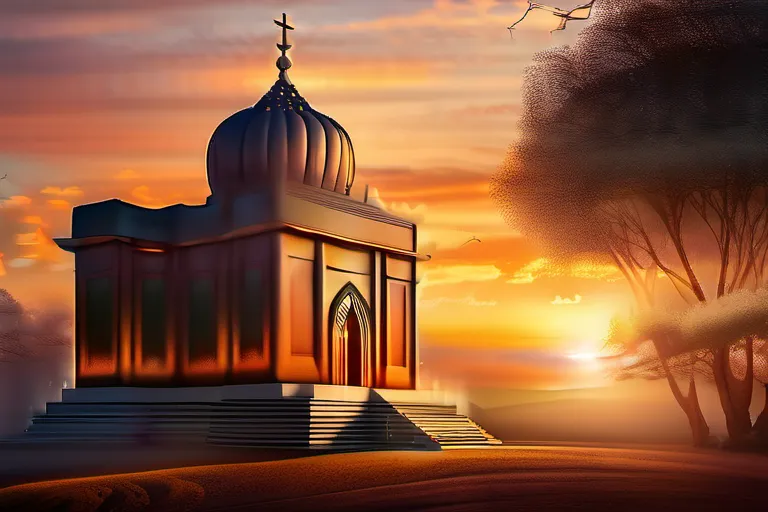 A serene image of a temple or church at sunset, symbolizing the spiritual connection between humanity and the divine. - religious experience