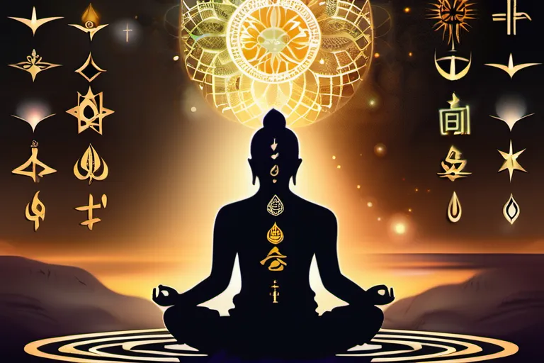 A serene image of a person meditating in a tranquil setting, surrounded by symbols representing various spiritual religions. - spiritual religion concepts