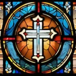 A stained-glass window depicting various Christian symbols. - Christianity, beliefs, concepts