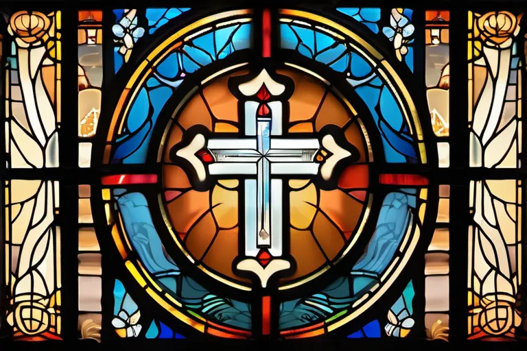 A stained-glass window depicting various Christian symbols. - Christianity, beliefs, concepts