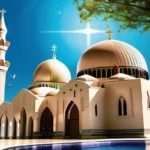 Create an image featuring a peaceful coexistence of a Christian church and a mosque under a clear blue sky, symbolizing the exploration of Christianity and Islam in this article. - Christianity vs Islam