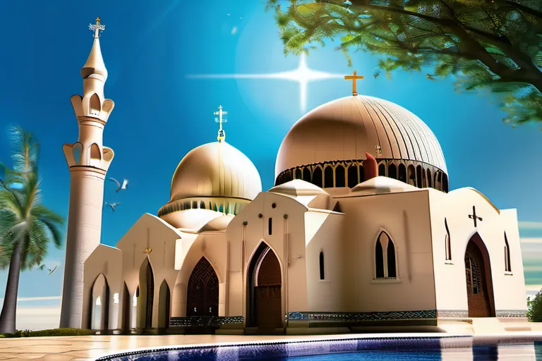 Create an image featuring a peaceful coexistence of a Christian church and a mosque under a clear blue sky, symbolizing the exploration of Christianity and Islam in this article. - Christianity vs Islam