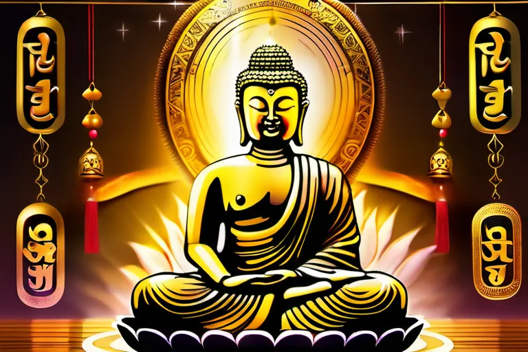 A serene image featuring a golden Buddha statue surrounded by various symbols representing the major sects of Buddhism. - Buddhism, Sects of Buddhism