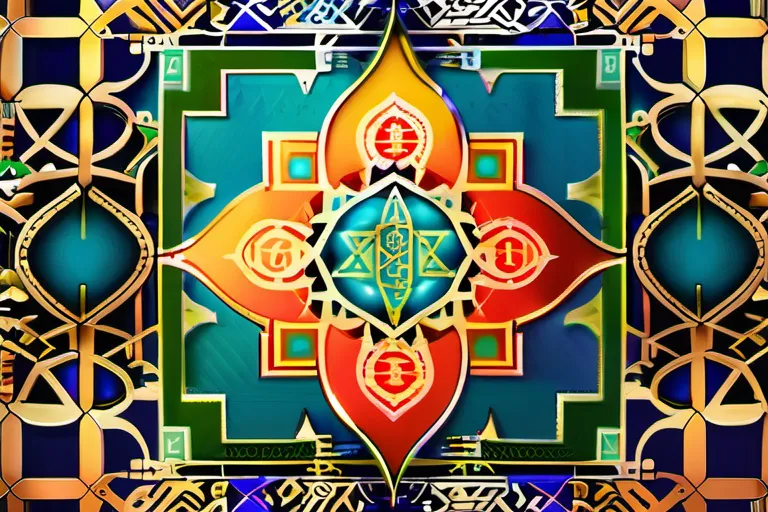 A colorful, intricate Islamic geometric pattern with various symbols representing the major sects of Islam. - Islam, Sects, Sunni, Shia