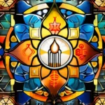 A colorful, diverse mosaic depicting symbols from various religions. - major world religions