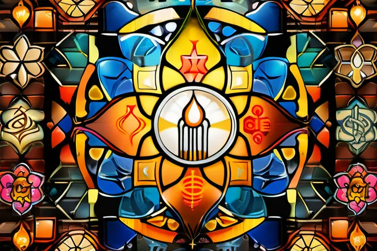 A colorful, diverse mosaic depicting symbols from various religions. - major world religions