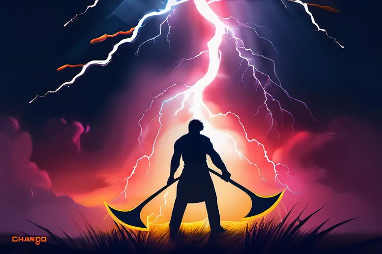 A vibrant image depicting a thunderstorm with a figure holding a double-headed axe, symbolizing Chango. - Chango Santeria