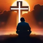 A thoughtful individual contemplating a cross and a question mark against a sunset backdrop. - Christian Atheism