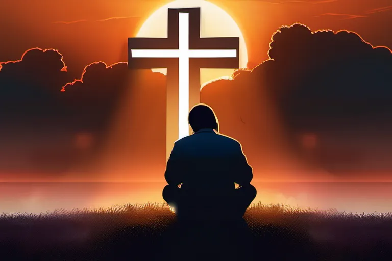 A thoughtful individual contemplating a cross and a question mark against a sunset backdrop. - Christian Atheism