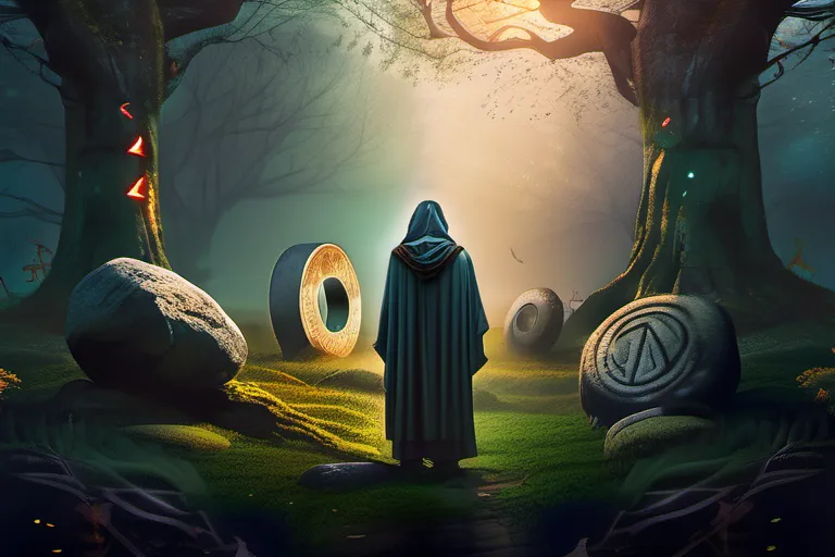 A mystical forest scene with a druid standing before an ancient stone circle, surrounded by the symbols of Druidism. - Druidism