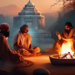 A serene image depicting a group of ancient people gathered around a fire, with a backdrop of a sacred temple or natural landmark. - ethics origins religion