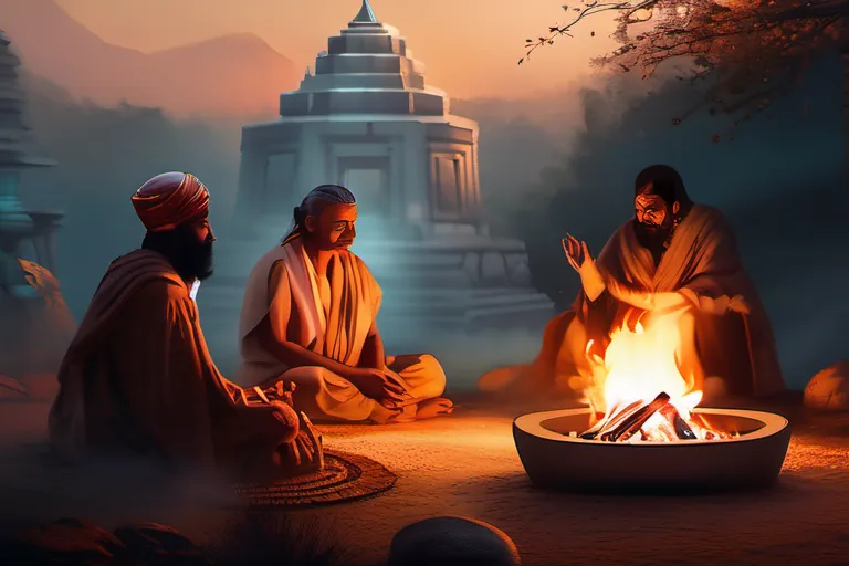 A serene image depicting a group of ancient people gathered around a fire, with a backdrop of a sacred temple or natural landmark. - ethics origins religion