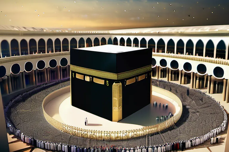 A stylized image of the Kaaba, the holiest site in Islam, surrounded by diverse Muslim communities from around the globe. - Islam origins