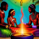 A vibrant, colorful image depicting a Haitian Vodou ceremony with various loa (spiritual entities) represented in symbolic forms. - Haitian Vodou origins