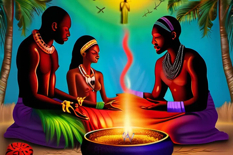 A vibrant, colorful image depicting a Haitian Vodou ceremony with various loa (spiritual entities) represented in symbolic forms. - Haitian Vodou origins